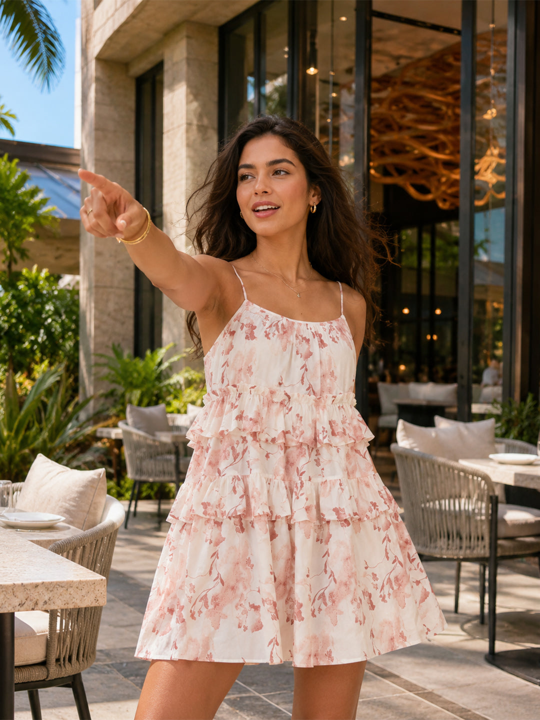 Blush Pink Floral Tiered Ruffle Mini Dress for Women