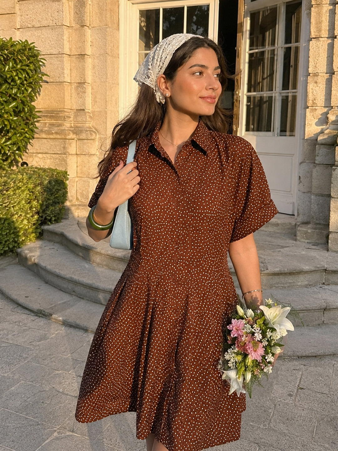 brown polka dot dress short sleeve Shirt Mini for Women boots or sandals