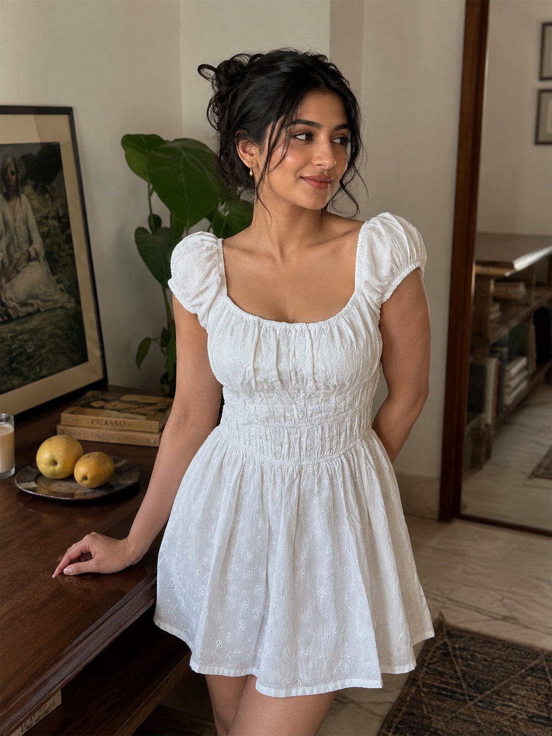 Embroidered Puff Sleeve A-Line Mini Dress