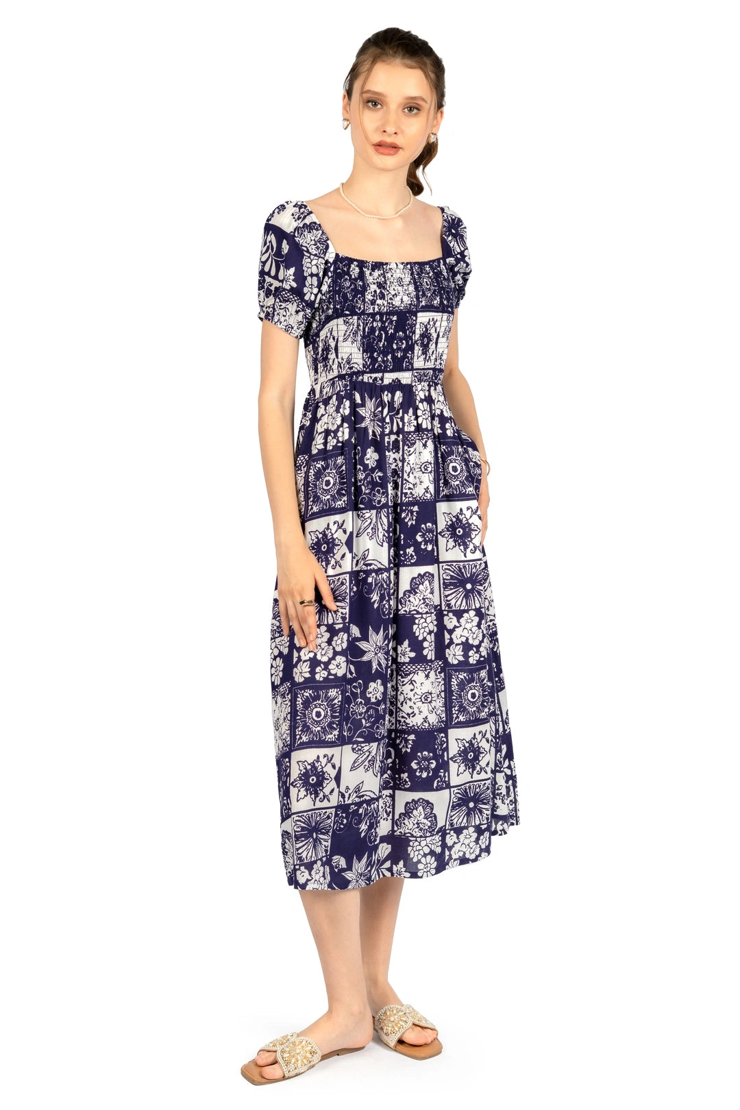 Blue & White Floral Rayon Fit & Flare Midi Dress – Cory Edge