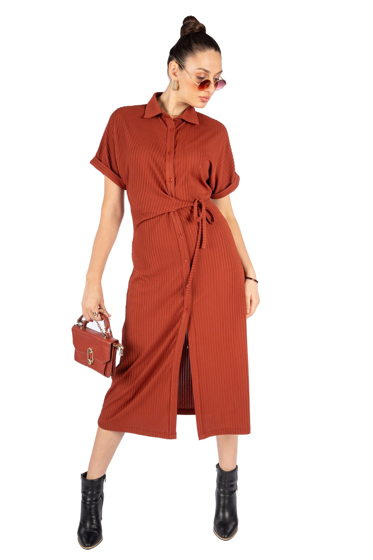 Roma Rust Milano Rib Fit Flare Midi