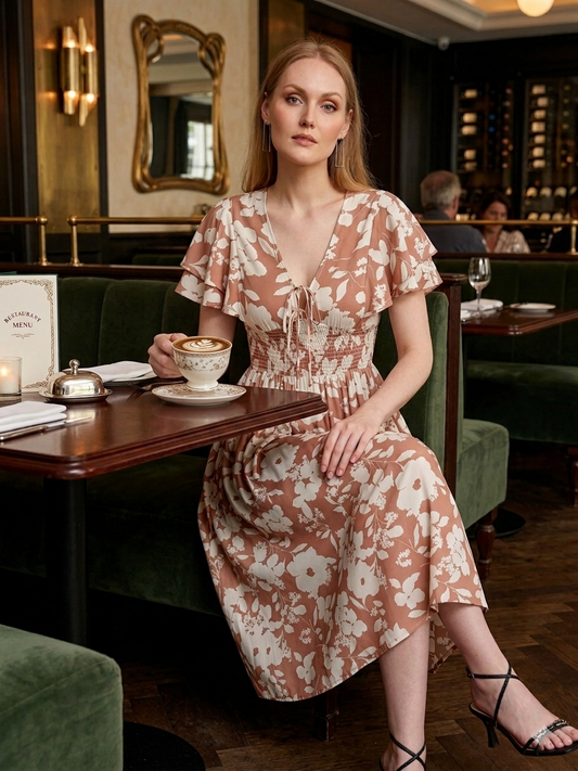 floral dress sitting coffee