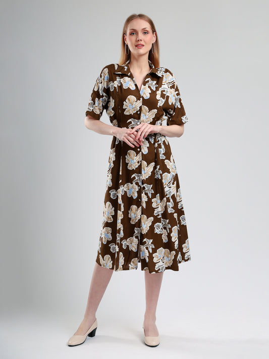 Cory Edge Delphi Collard midi dress- Brown