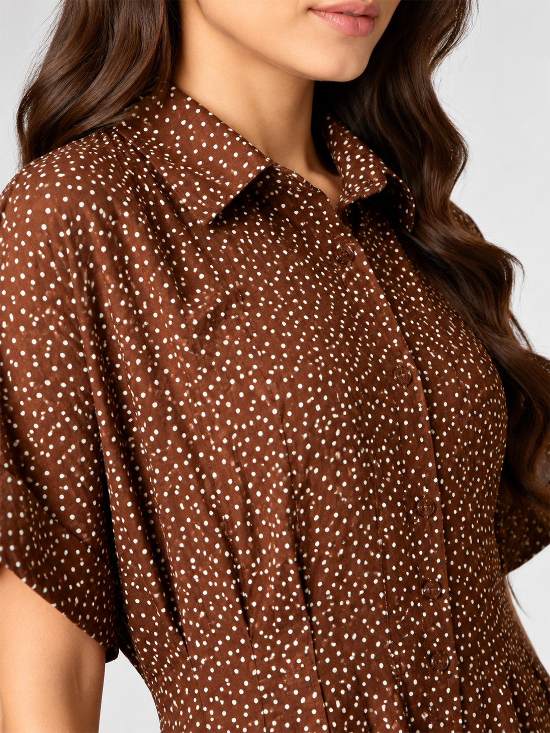 Brown Polka Dot Shirt Mini Dress for Women