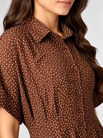 Brown Polka Dot Shirt Mini Dress for Women