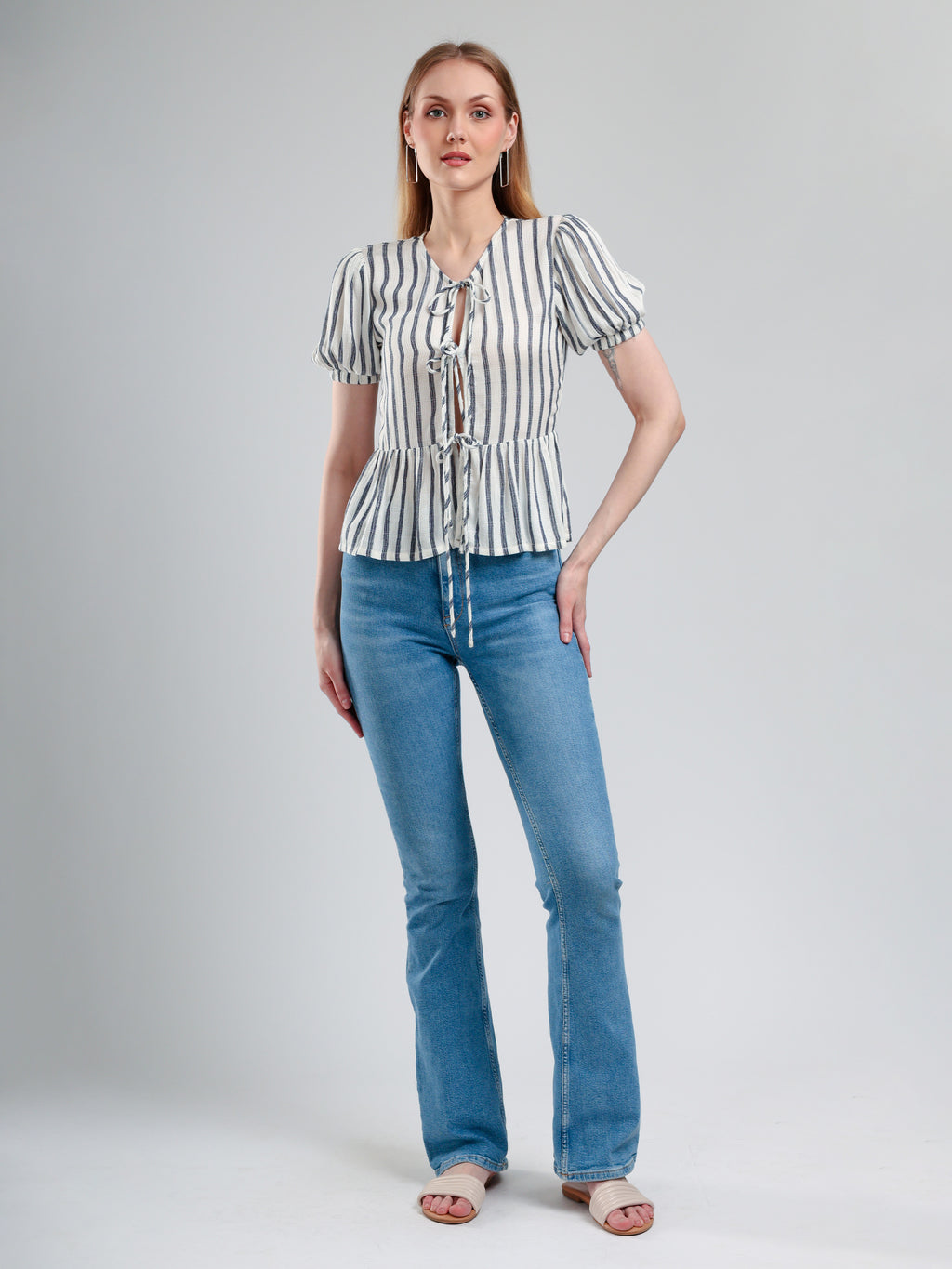 Cory Edge Melina Front-Tie Peplum Blouse -Stripe