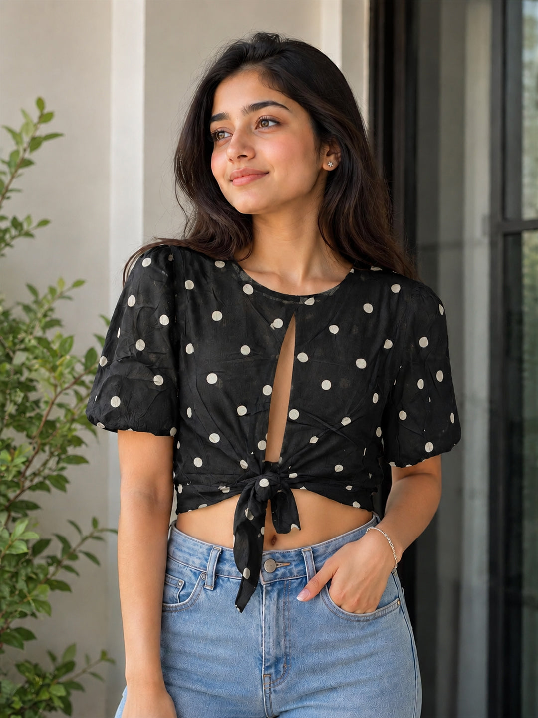Black Polka Dot Tie-Up Crop Top
