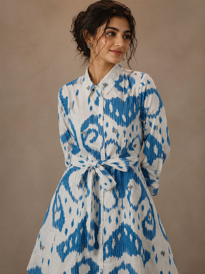 White & Blue Abstract Printed Shirt Mini Dress for Women