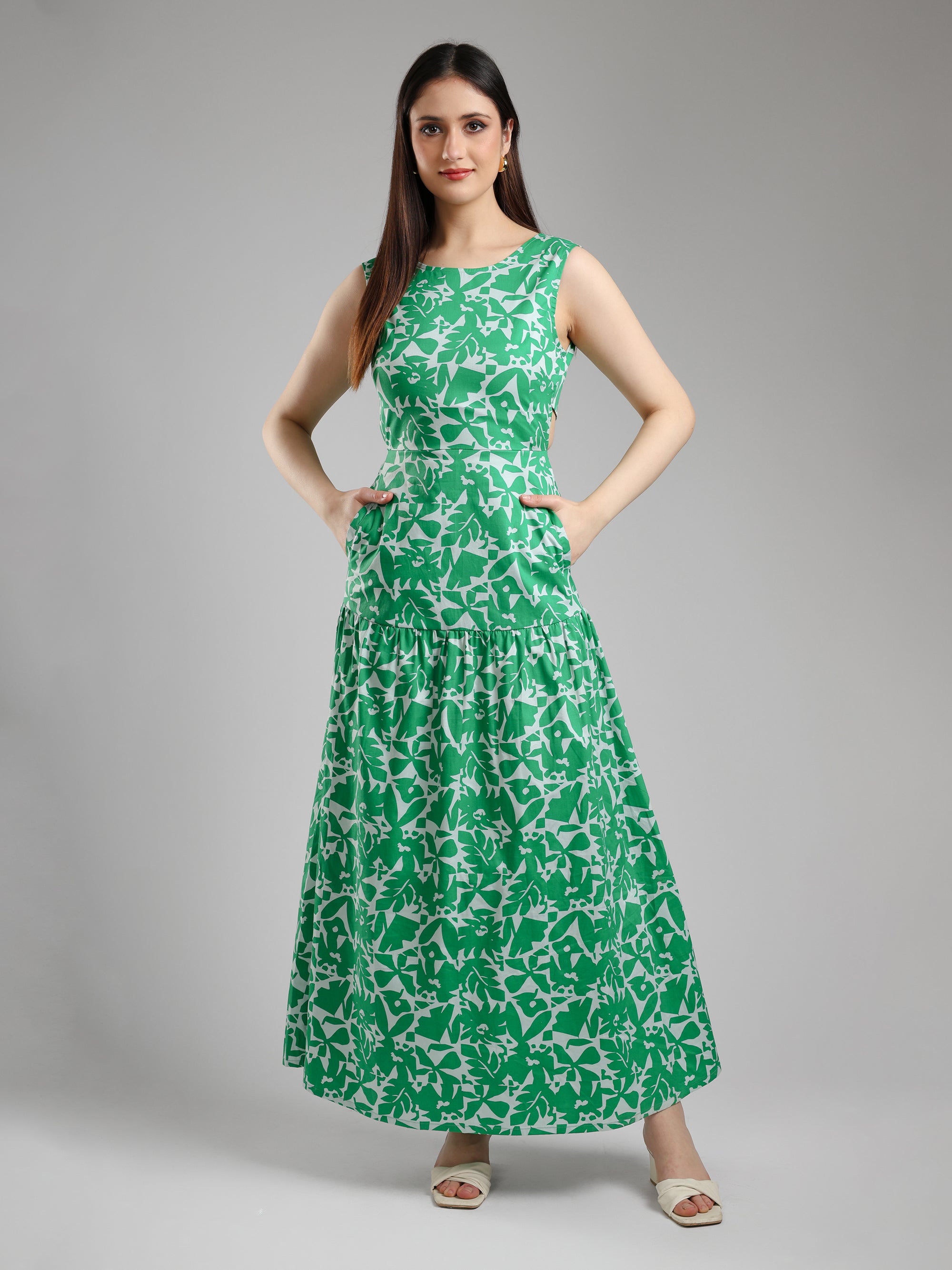 Cory Edge Green Floral Printed Dress for Women and Girl