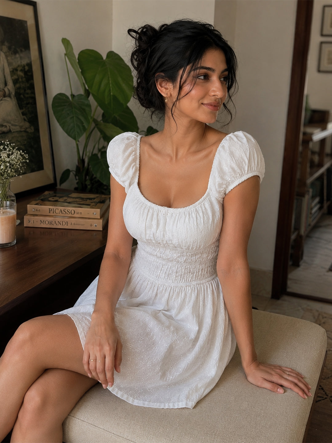 Embroidered Puff Sleeve A-Line Mini Dress