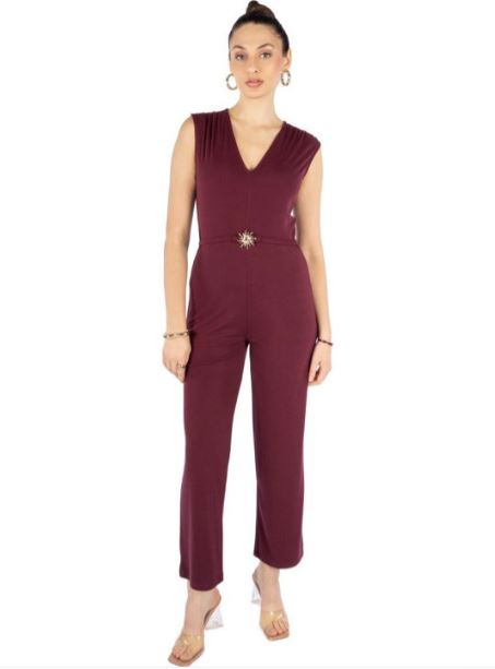 Women Maroon Solid Party Wear Sleeveless Regular Fit Jumpsuit