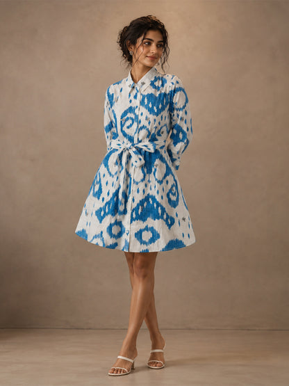 White & Blue Abstract Printed Shirt Mini Dress for Women