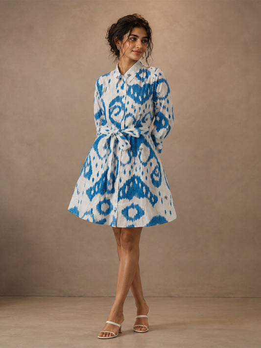 White & Blue Abstract Printed Shirt Mini Dress for Women