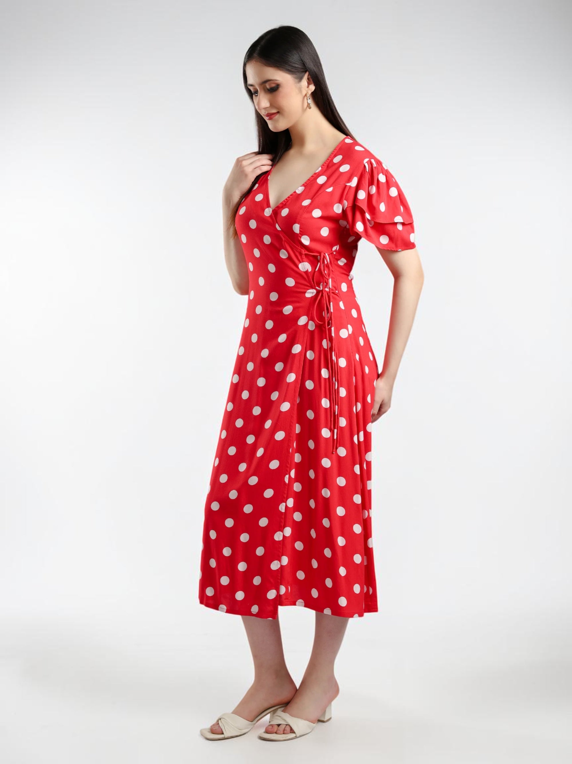 Red Polka Dot Vacation Summer Midi Dress for Women