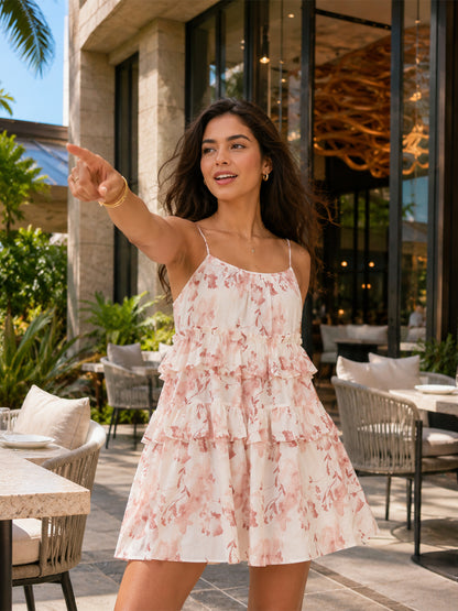 Blush Pink Floral Tiered Ruffle Mini Dress for Women