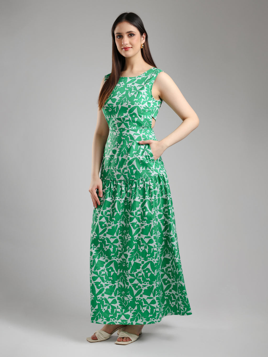 Green Floral Printed Dress for Women and Girl