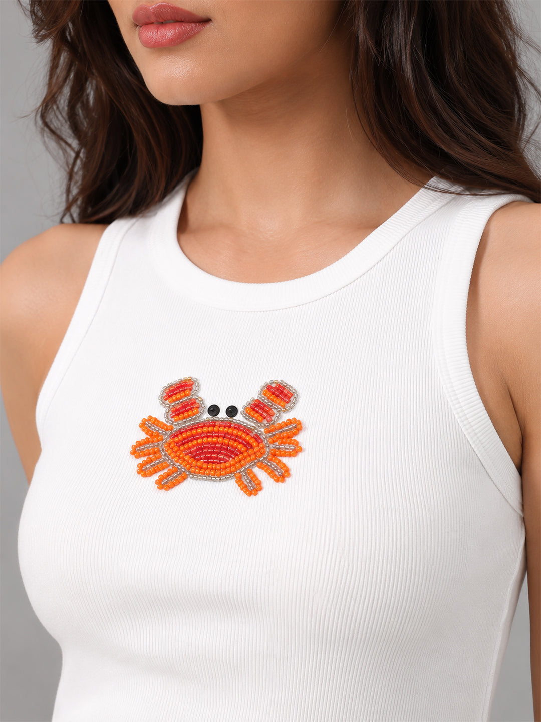 Crab Embellished Rib Racer Tank Top