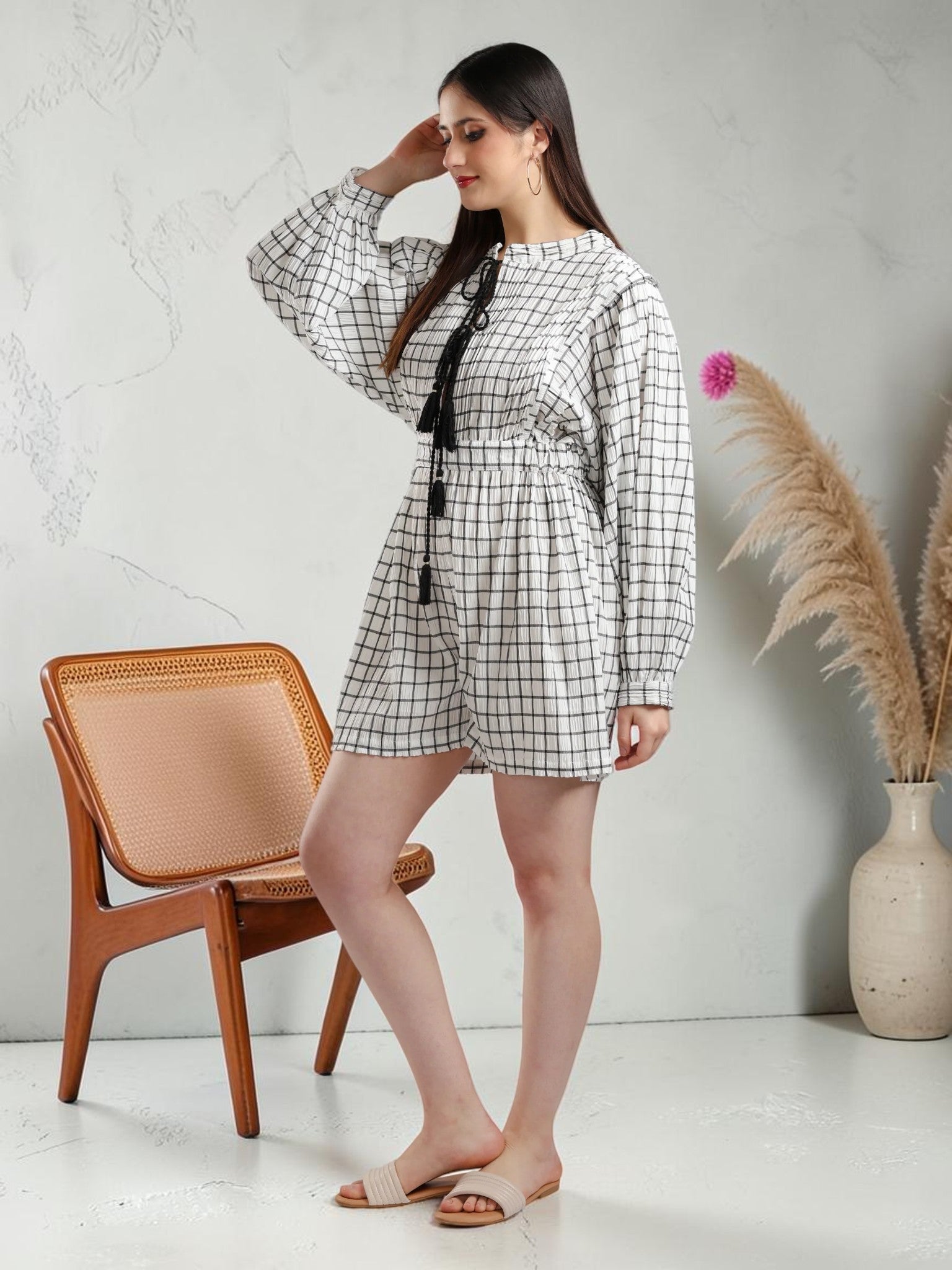 Cory edge Woman in a checkered playsuit for summer for women and girl
