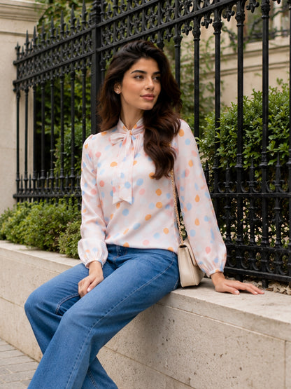 Pastel Polka Dot Tie-Neck For Womens
