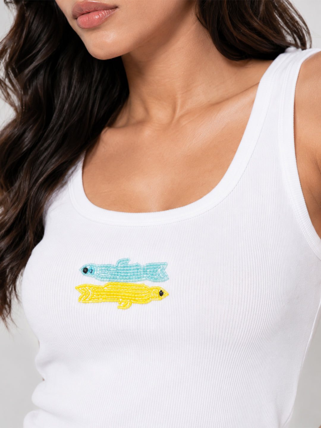 Fish Embellished Rib Scoop Neck Tank Top