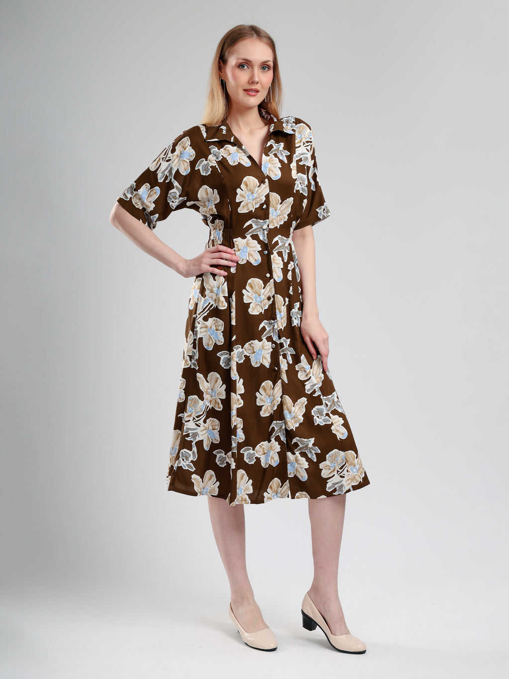 Cory Edge Delphi Collard midi dress- Brown
