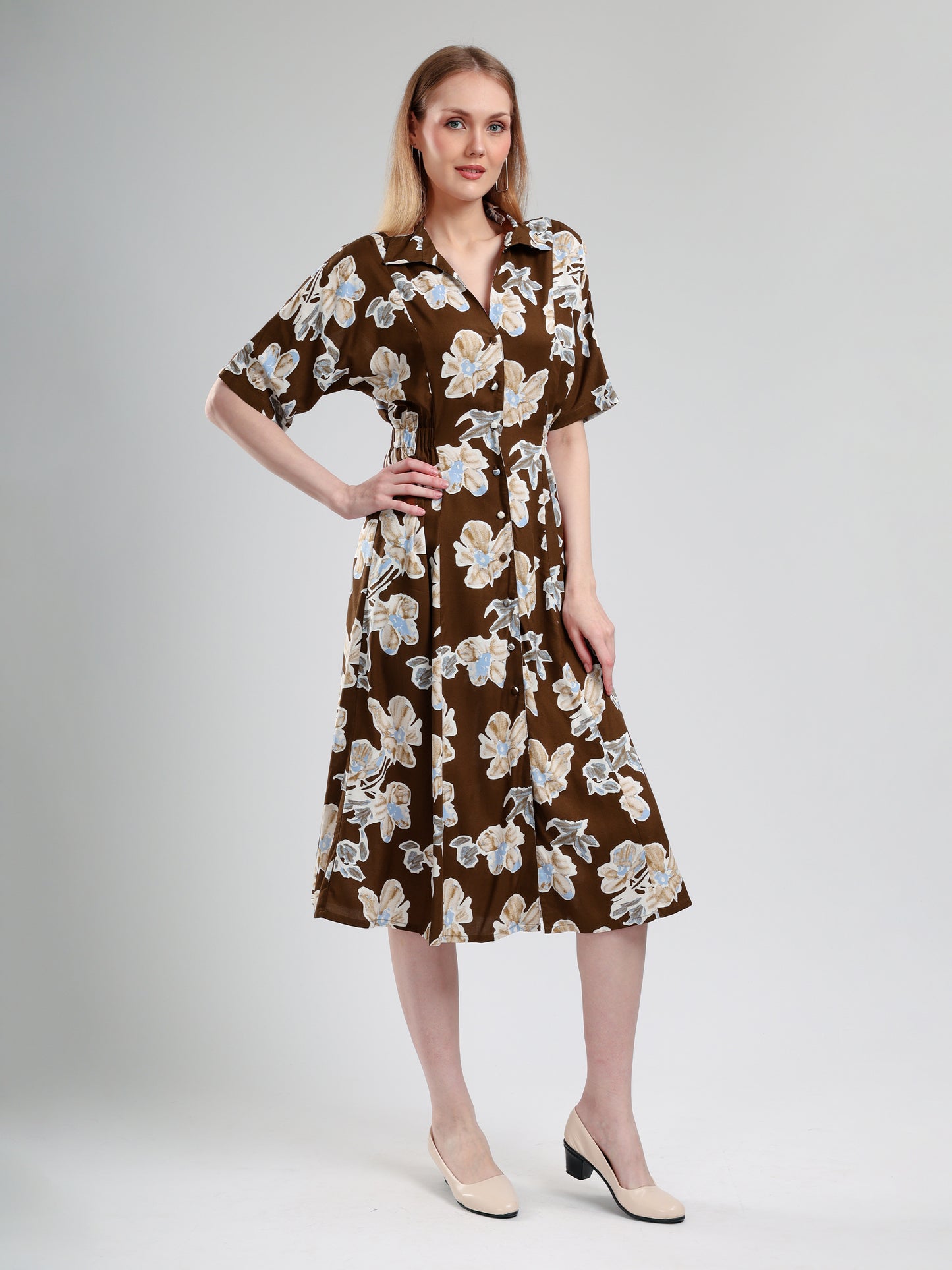 Cory Edge Delphi Collard midi dress- Brown