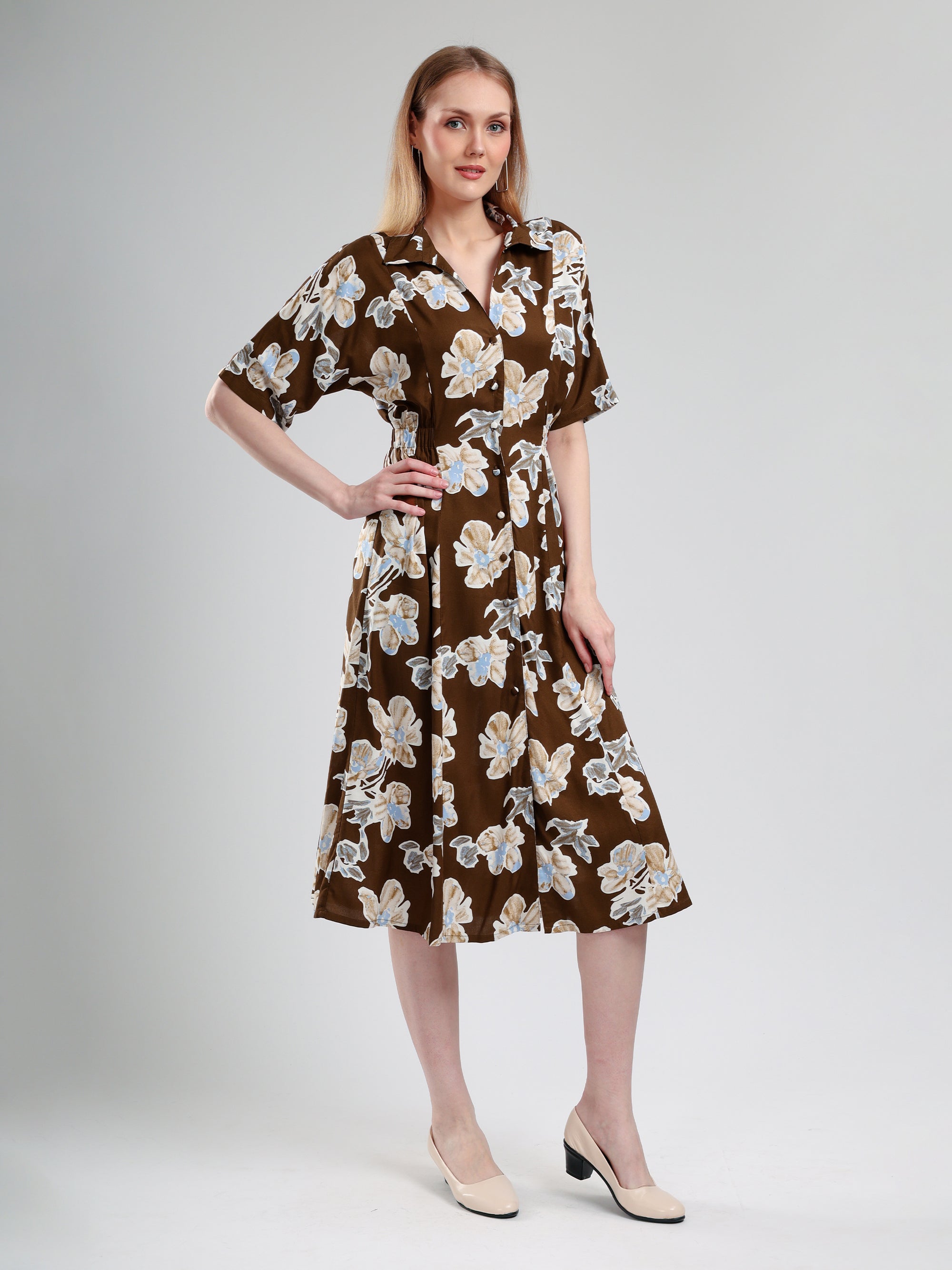 Cory Edge Delphi Collard midi dress- Brown