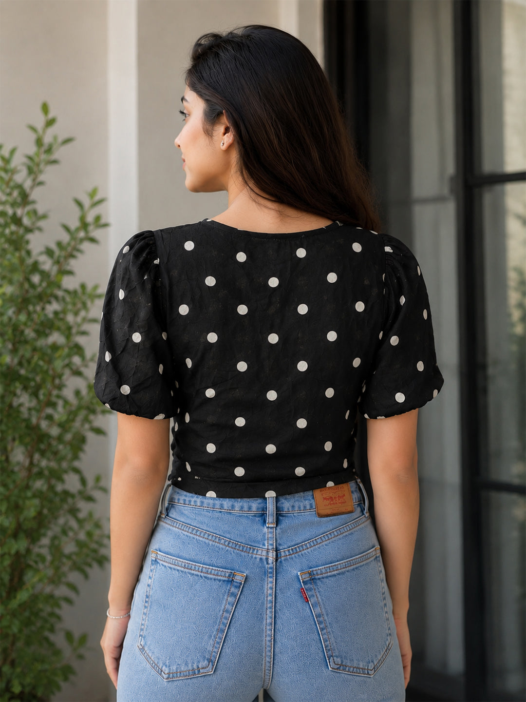 Black Polka Dot Tie-Up Crop Top