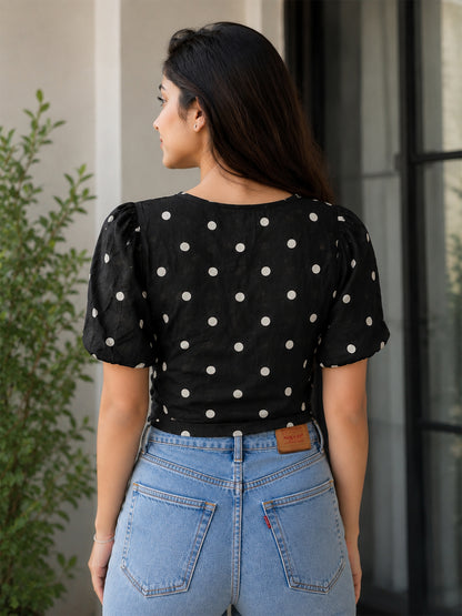 Black Polka Dot Tie-Up Crop Top