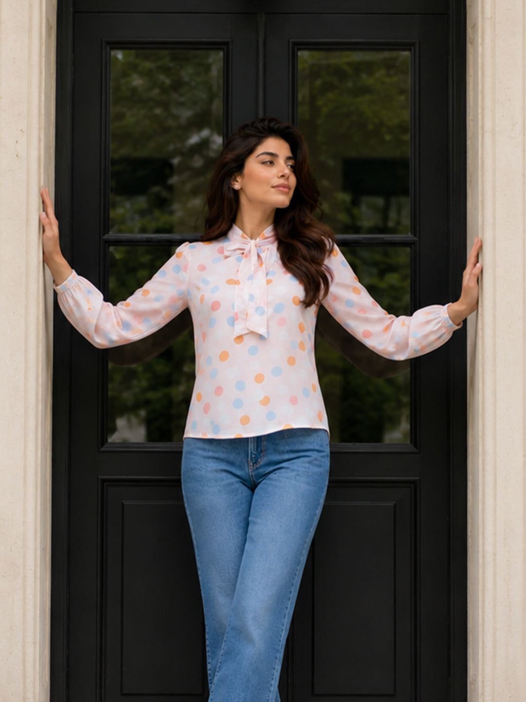 Pastel Polka Dot Tie-Neck For Womens