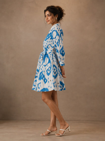 White & Blue Abstract Printed Shirt Mini Dress for Women
