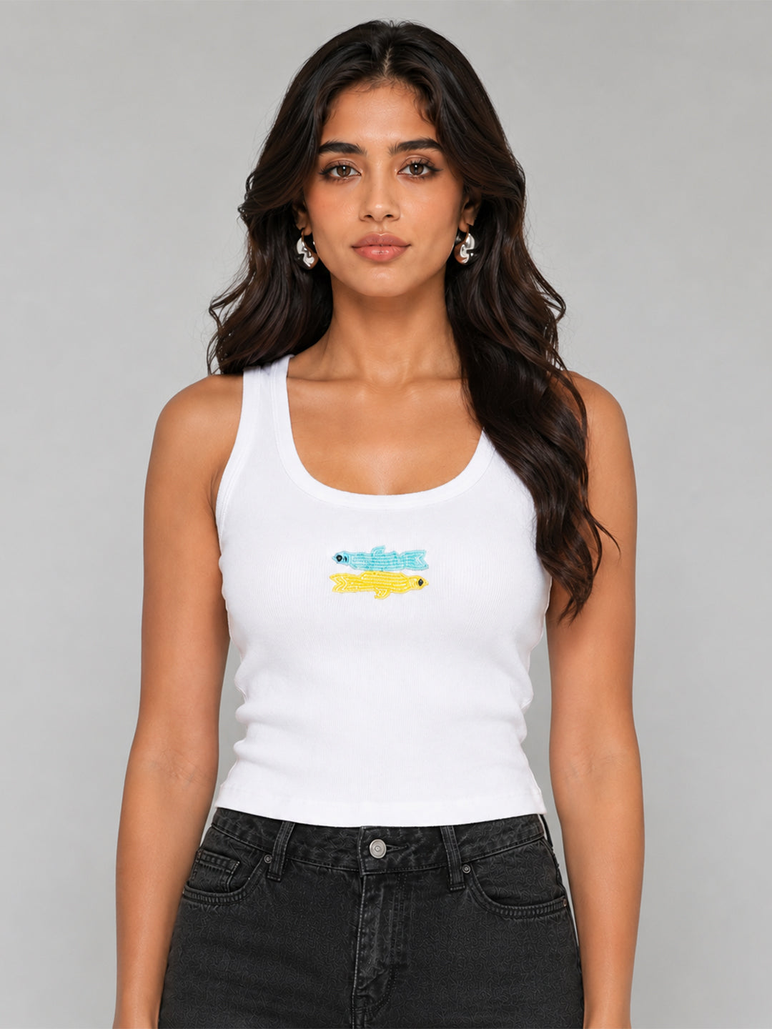 Fish Embellished Rib Scoop Neck Tank Top