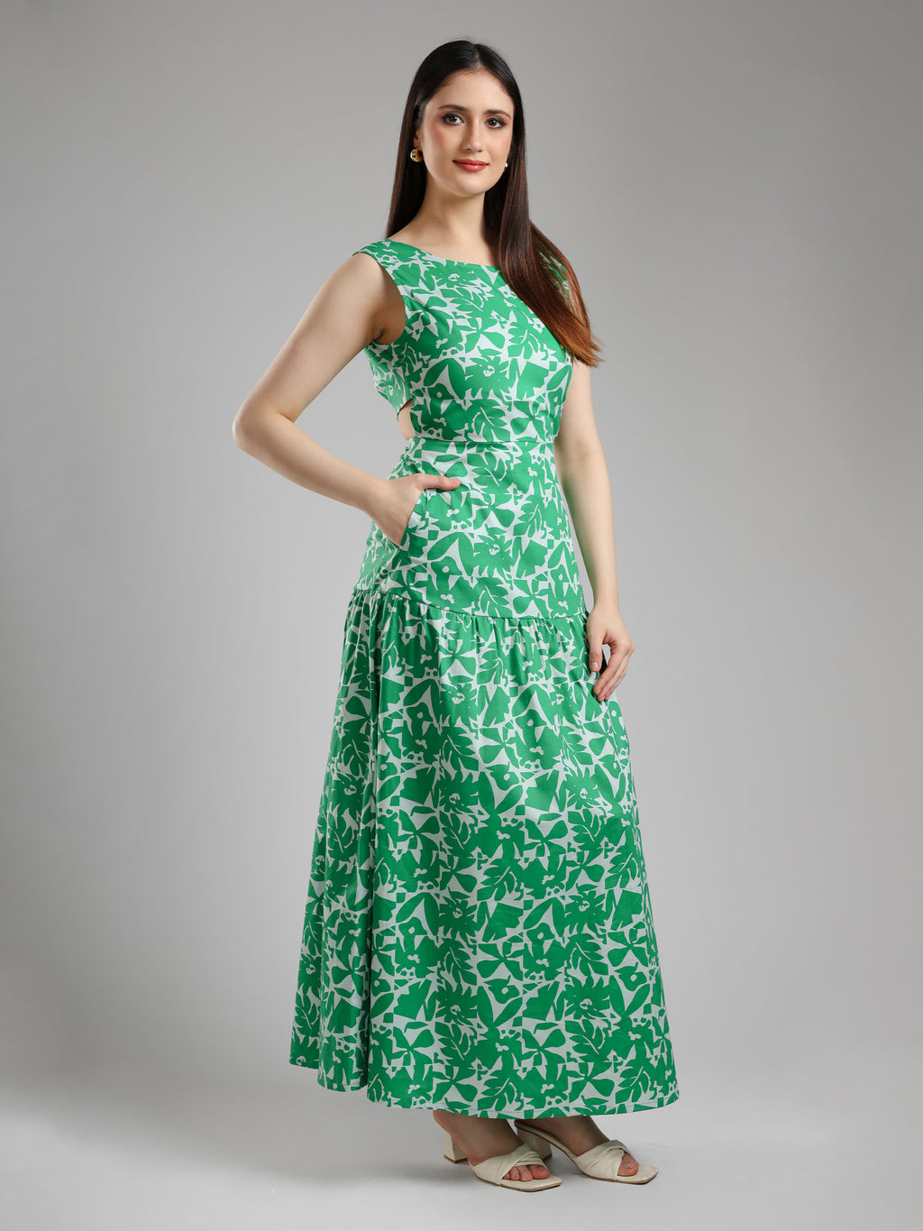 Green Floral Printed Dress for Women and Girl