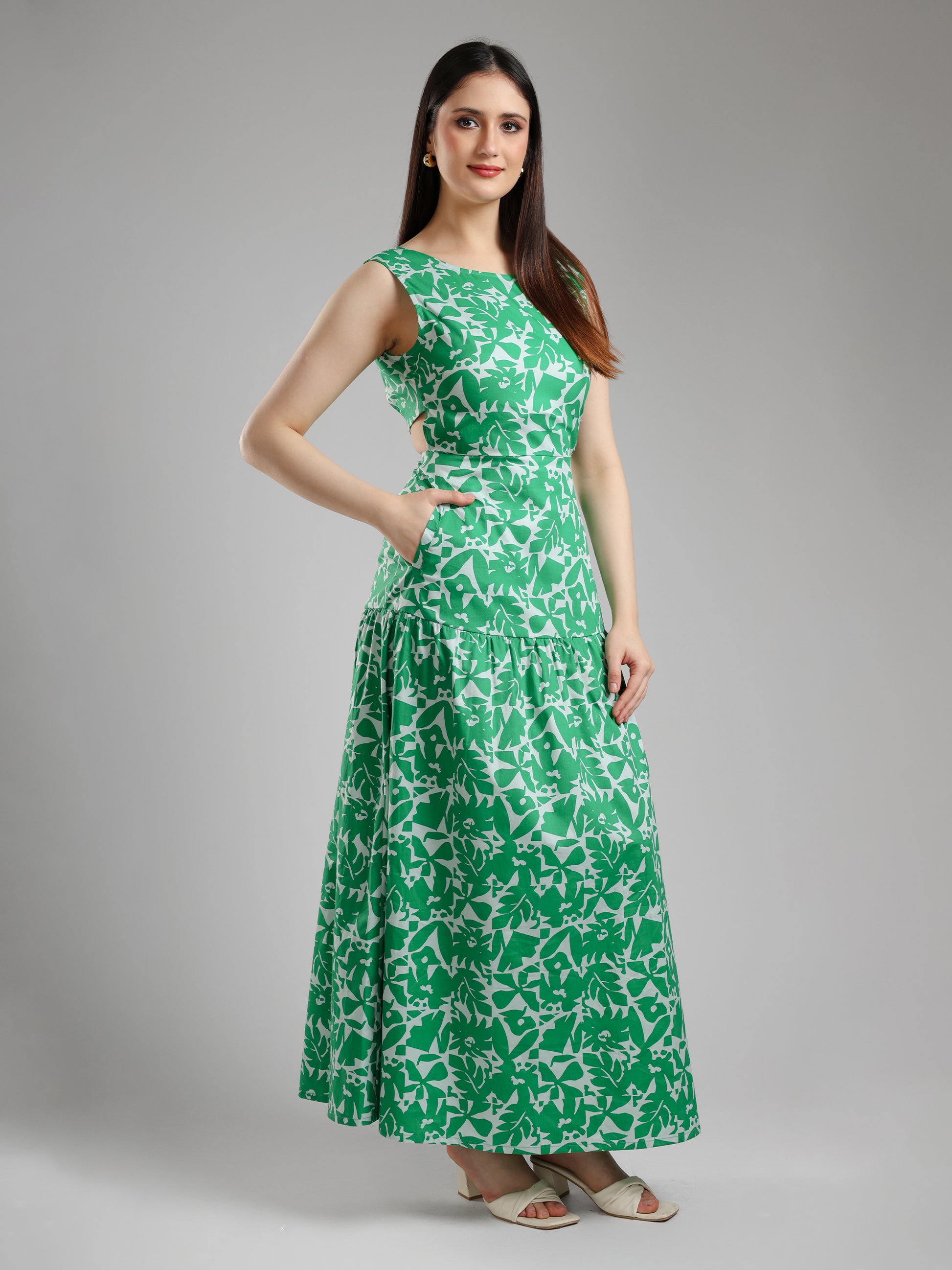 Green Floral Printed Dress for Women and Girl