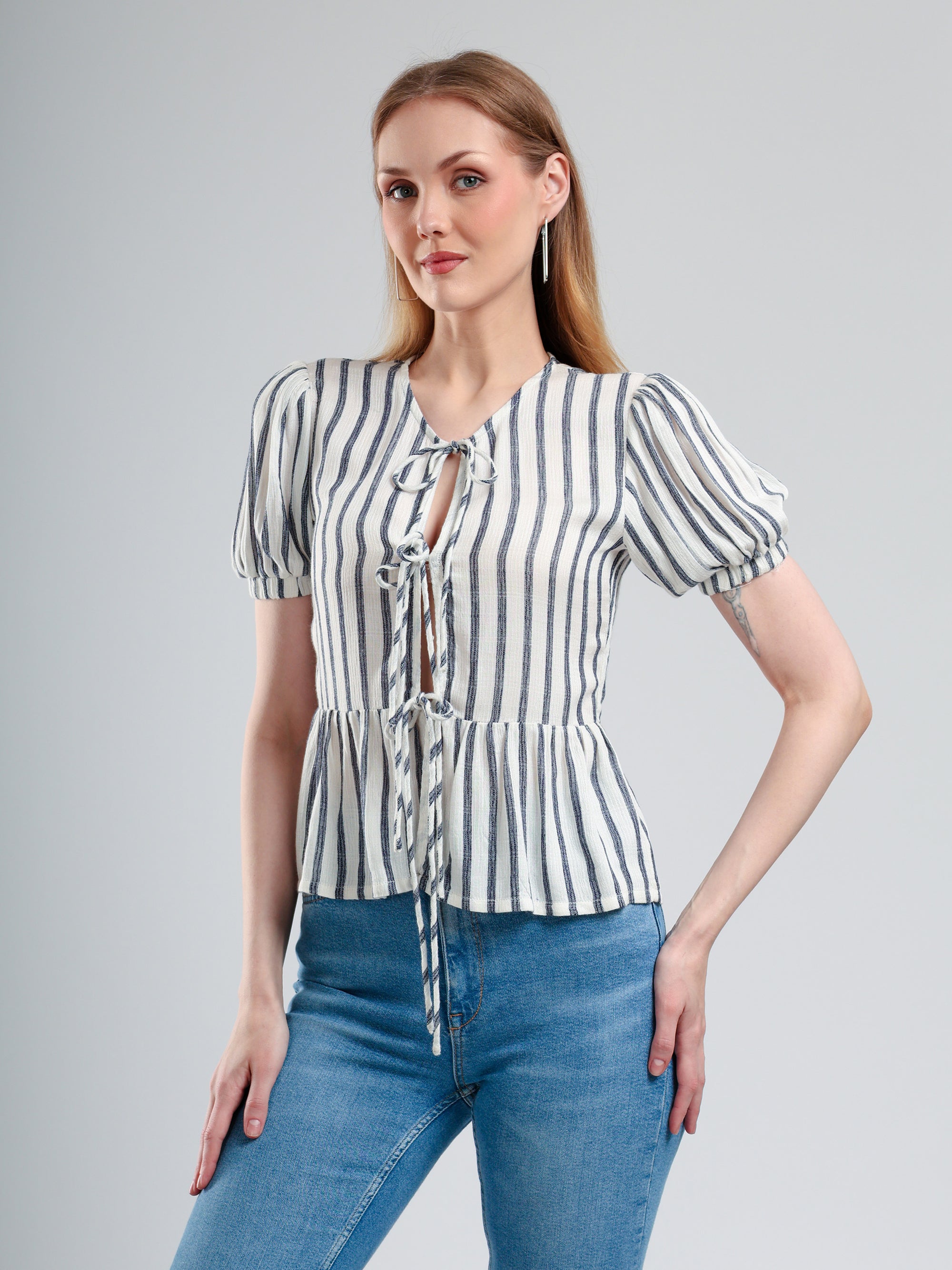 Cory Edge Melina Front-Tie Peplum Blouse -Stripe