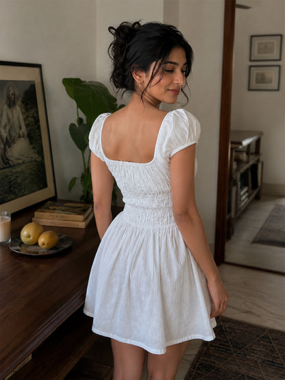 Embroidered Puff Sleeve A-Line Mini Dress