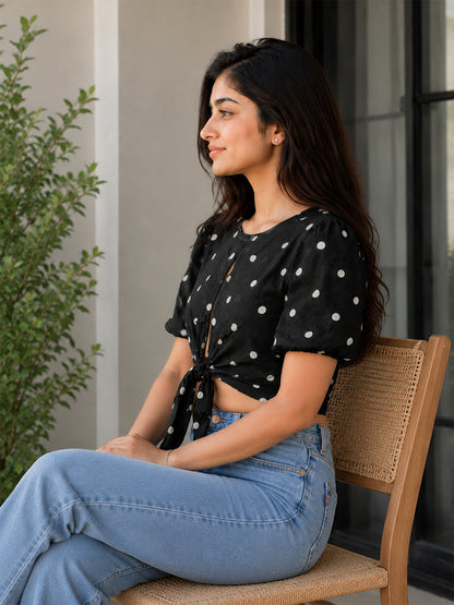 Black Polka Dot Tie-Up Crop Top