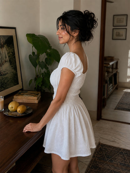 Embroidered Puff Sleeve A-Line Mini Dress