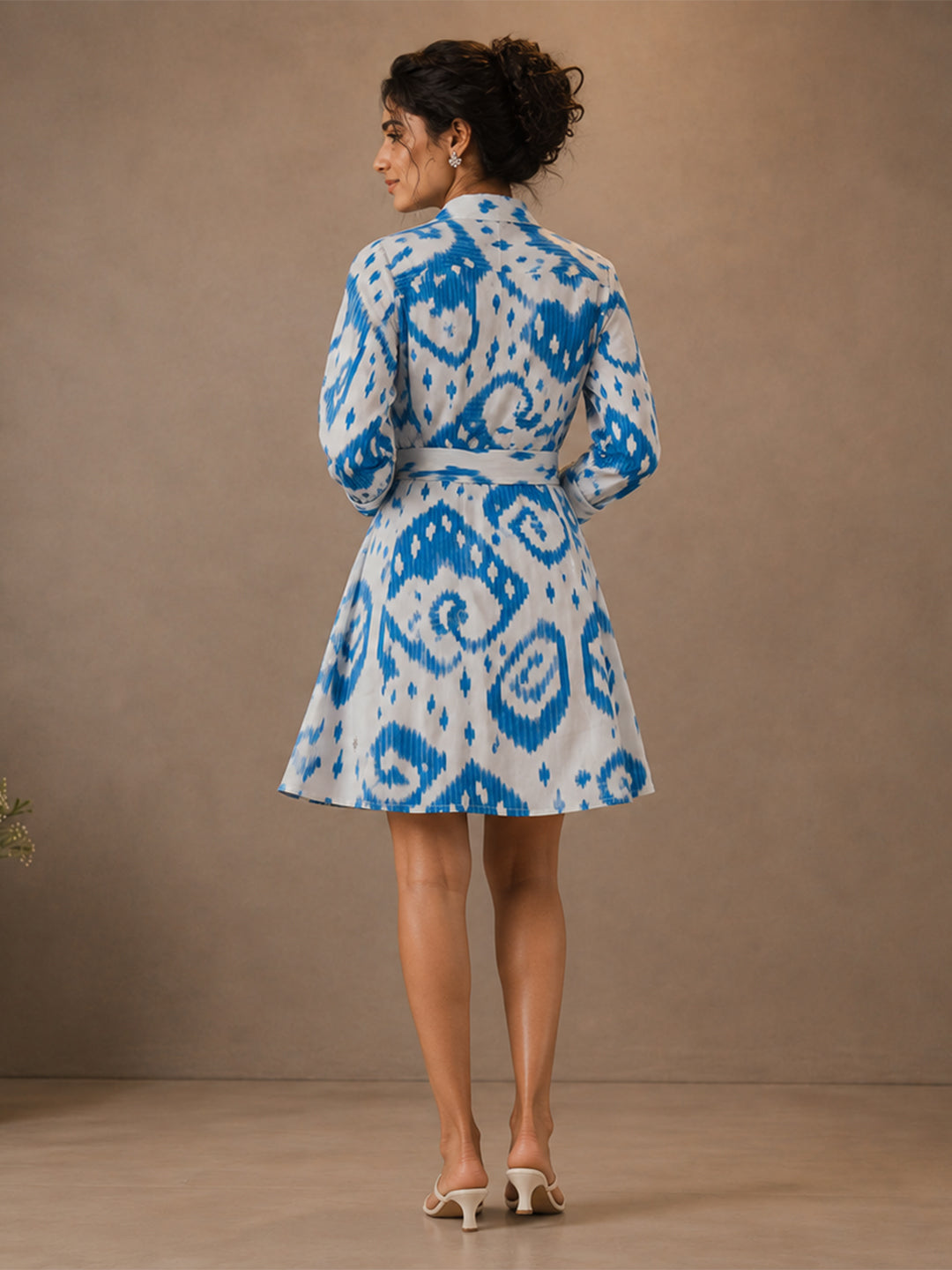 White & Blue Abstract Printed Shirt Mini Dress for Women