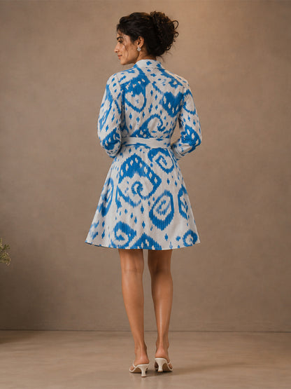 White & Blue Abstract Printed Shirt Mini Dress for Women