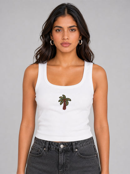 Palm Tree Embellished Rib Scoop Neck Tank Top