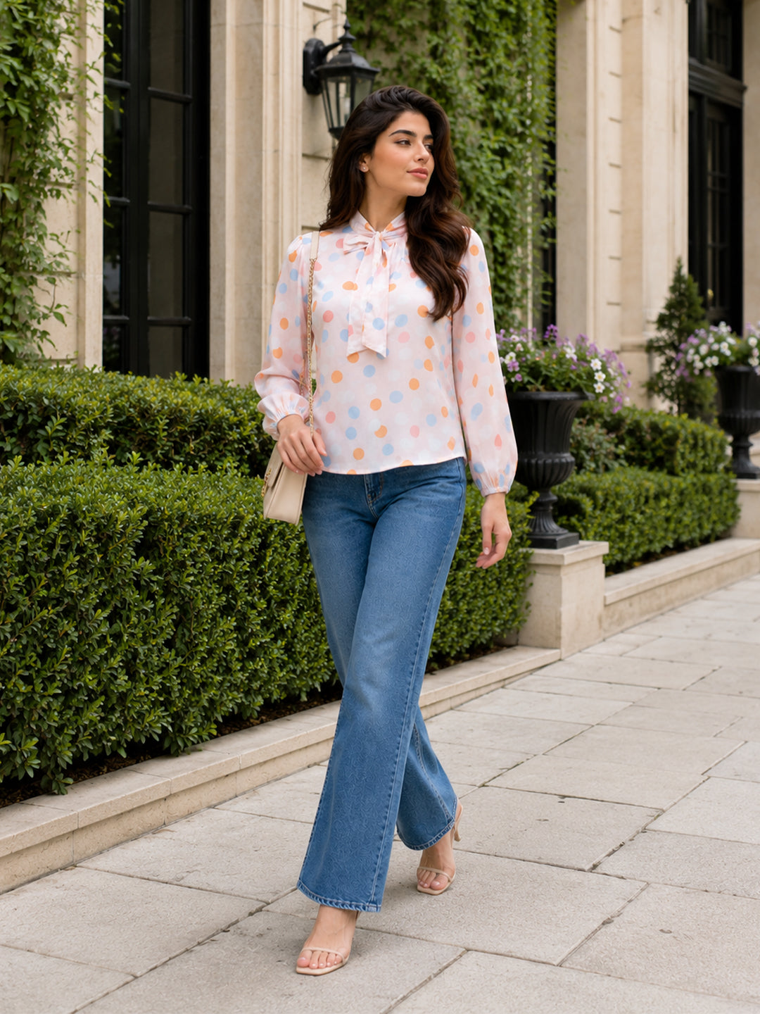 Pastel Polka Dot Tie-Neck For Womens