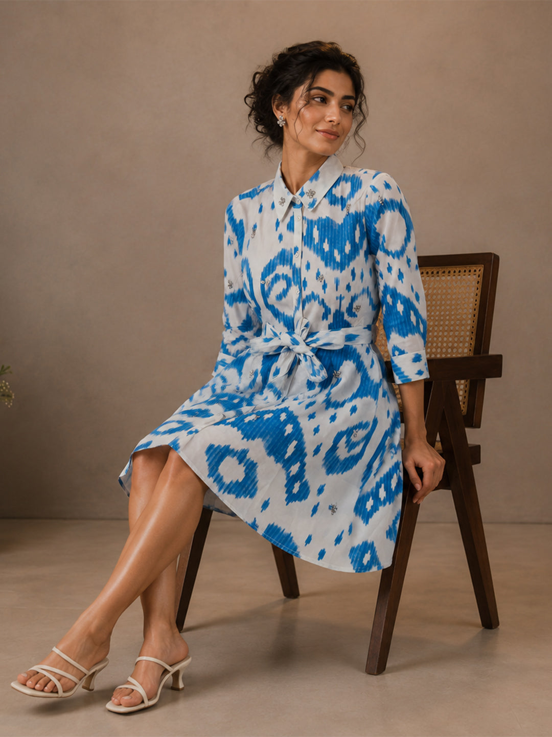 White & Blue Abstract Printed Shirt Mini Dress for Women