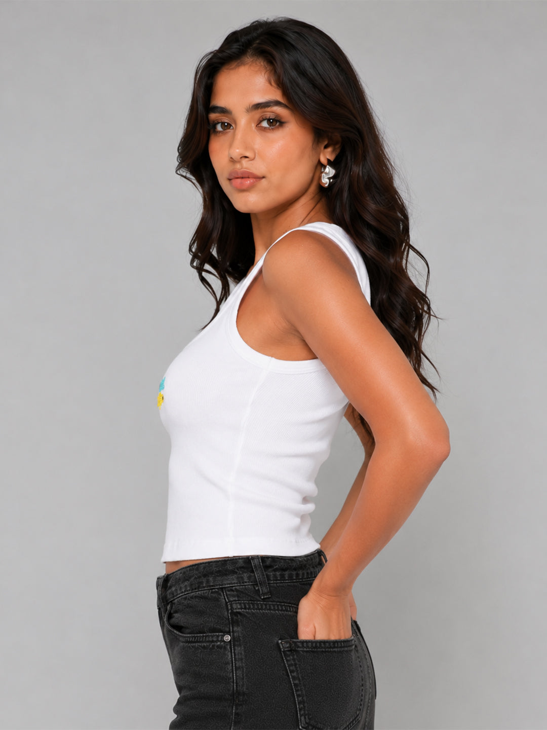 Fish Embellished Rib Scoop Neck Tank Top