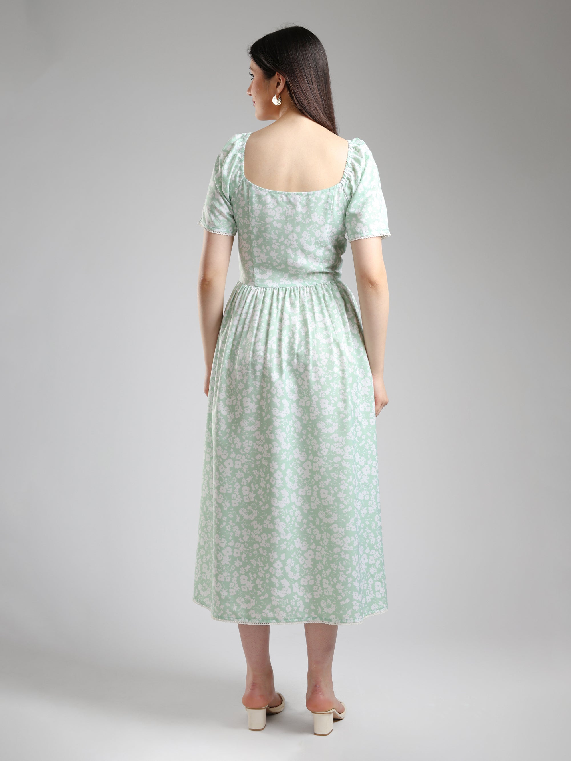 back pose of cory edge floral midi dress for women