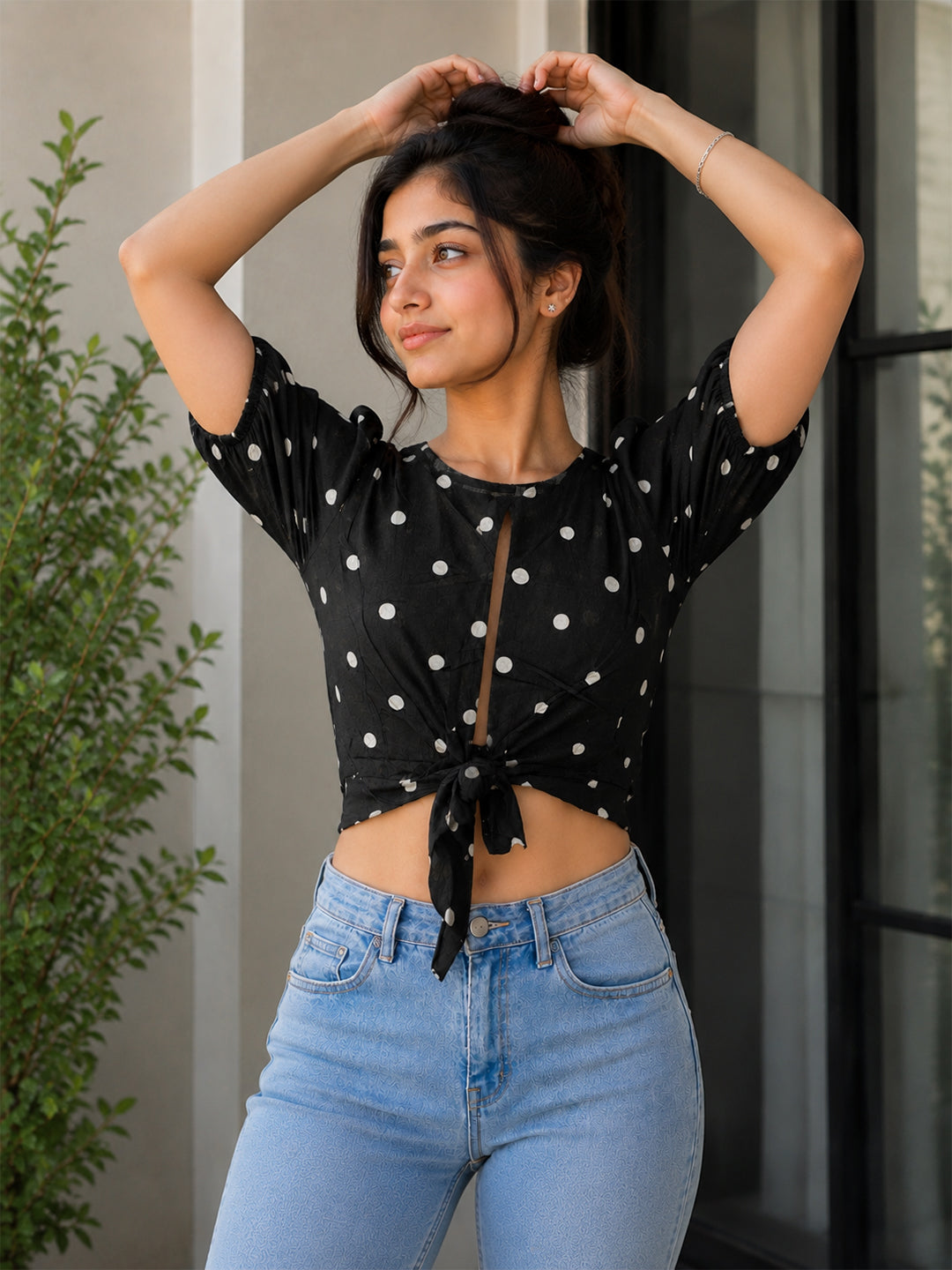 Black Polka Dot Tie-Up Crop Top