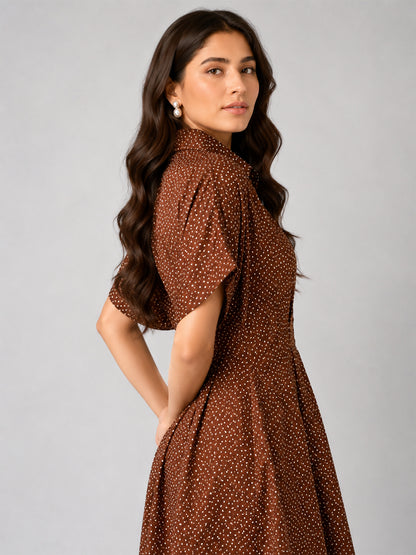 Brown Polka Dot Shirt Mini Dress for Women