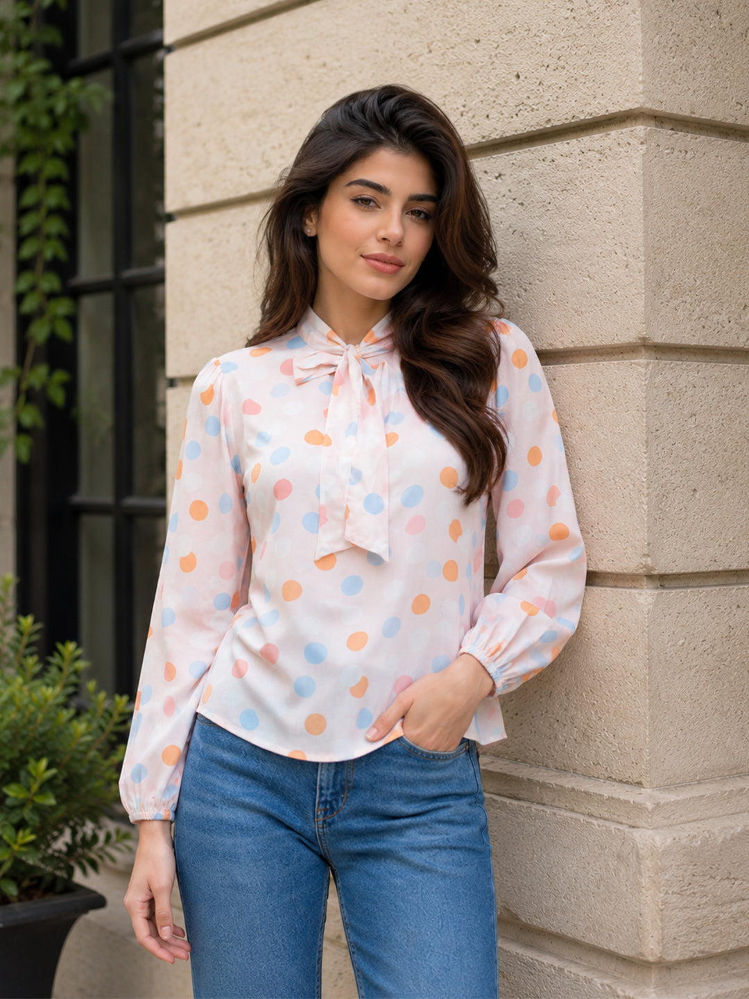 Pastel Polka Dot Tie-Neck For Womens