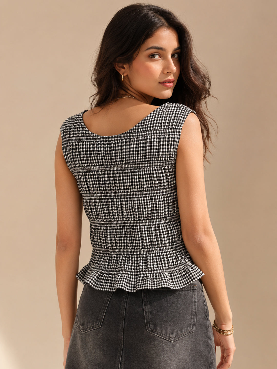 Noir Gingham Smocked Peplum Top