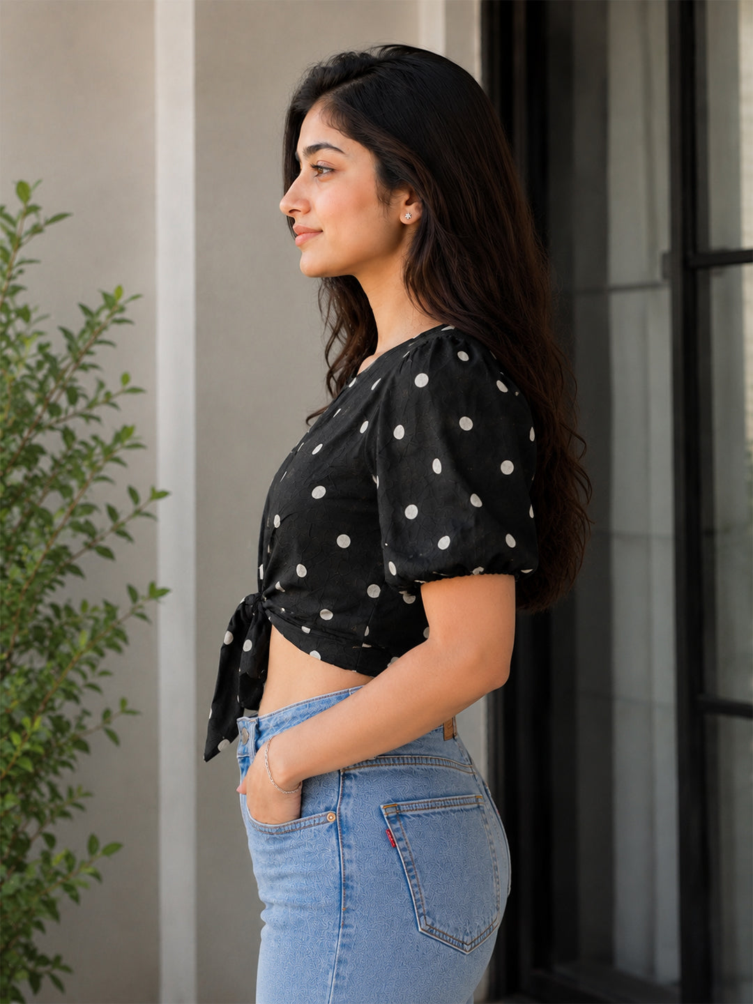 Black Polka Dot Tie-Up Crop Top